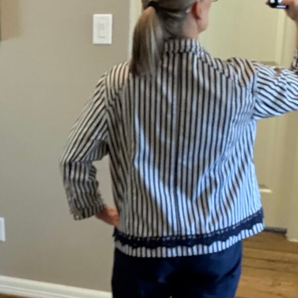 Chicos Navy Blue White Stripe Lightweight Jacket Zipper Front Roll Tab Sleeve XL - Picture 10 of 12